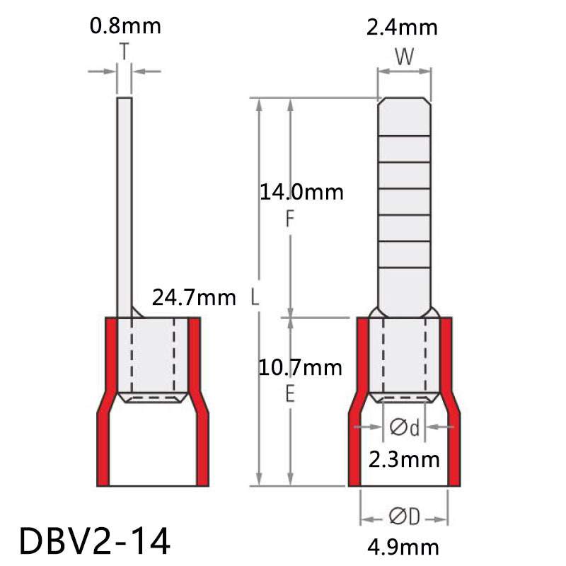 DBV2-14片形端子接线插片 14mm针型绝缘端头紫铜冷压端子压线铜片