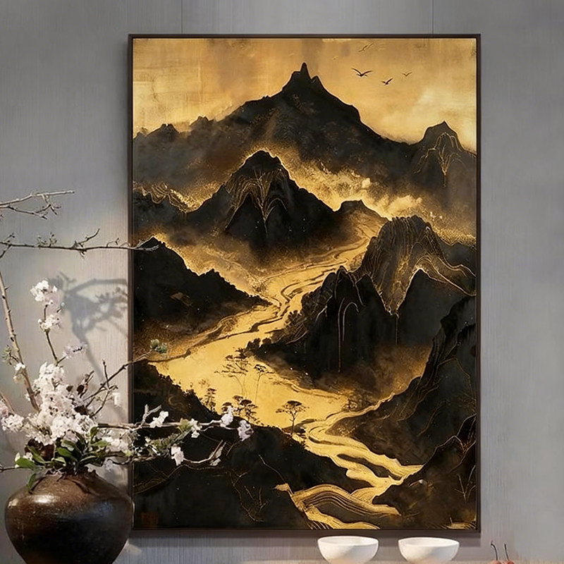 新中式山水画客厅装饰画黑金流水生财餐厅背景墙挂画高级感墙壁画