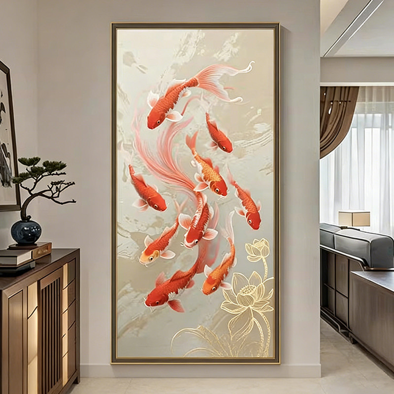 《鸿运锦鲤九鱼图》风水玄关入户装饰画喜庆楼梯竖款挂画中式壁画