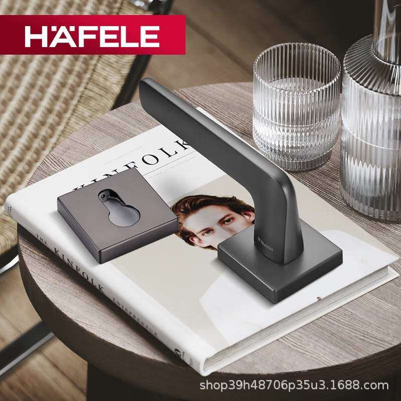 Hafele卧室房门黑色亚光铜锁芯实木门分体式机械防火门锁