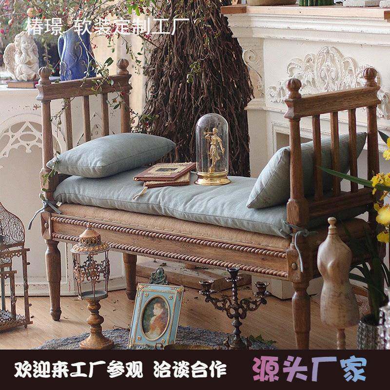 美式乡村实木沙发换衣凳床尾凳家具欧式复古做旧橡木布艺雕刻影楼