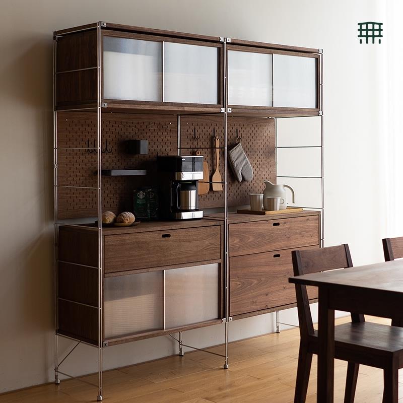 L7所有日式不锈钢餐边柜落地实木洞洞板收纳储物架厨房置物高