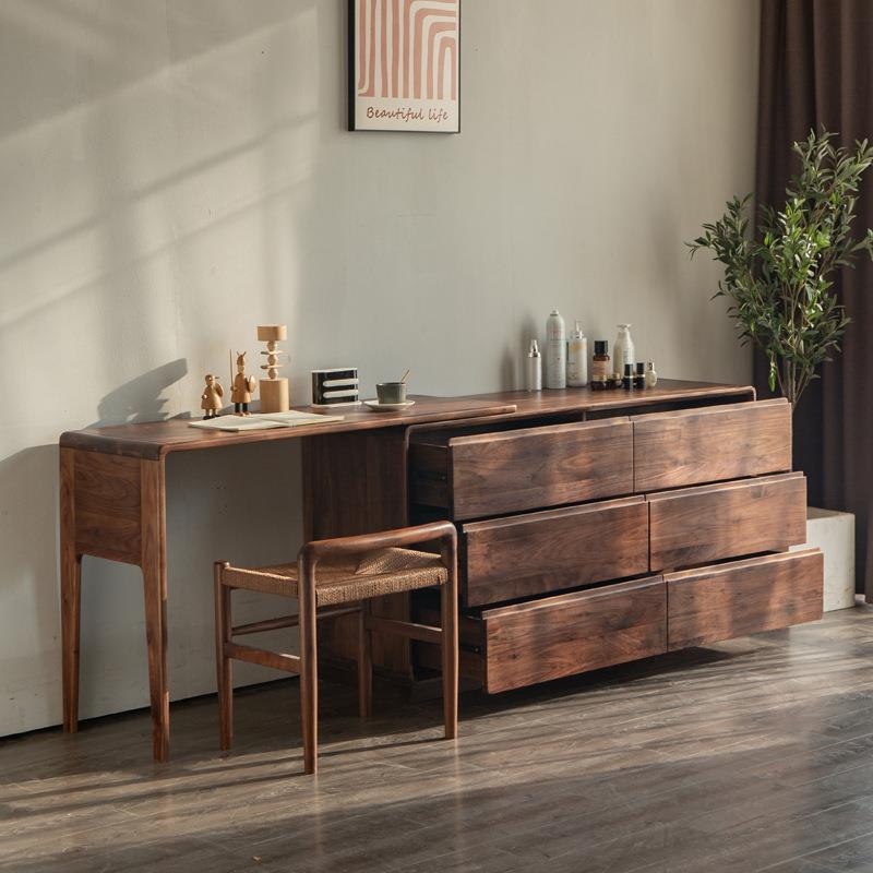 实木橱斗柜六斗梳妆台黑胡桃木北欧一体多功能北美组合书桌收纳柜