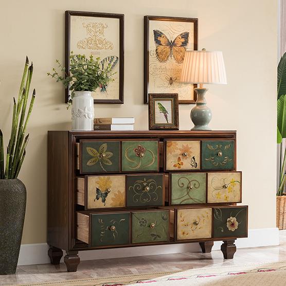 美式五斗柜实木装饰柜子卧室收纳柜储物柜复古客厅彩绘五斗柜