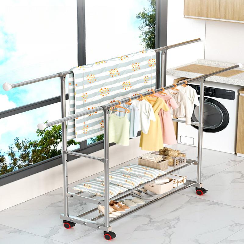 不锈钢晾衣架落地伸缩家用室内外凉衣服收纳置物阳台单双杆挂衣架