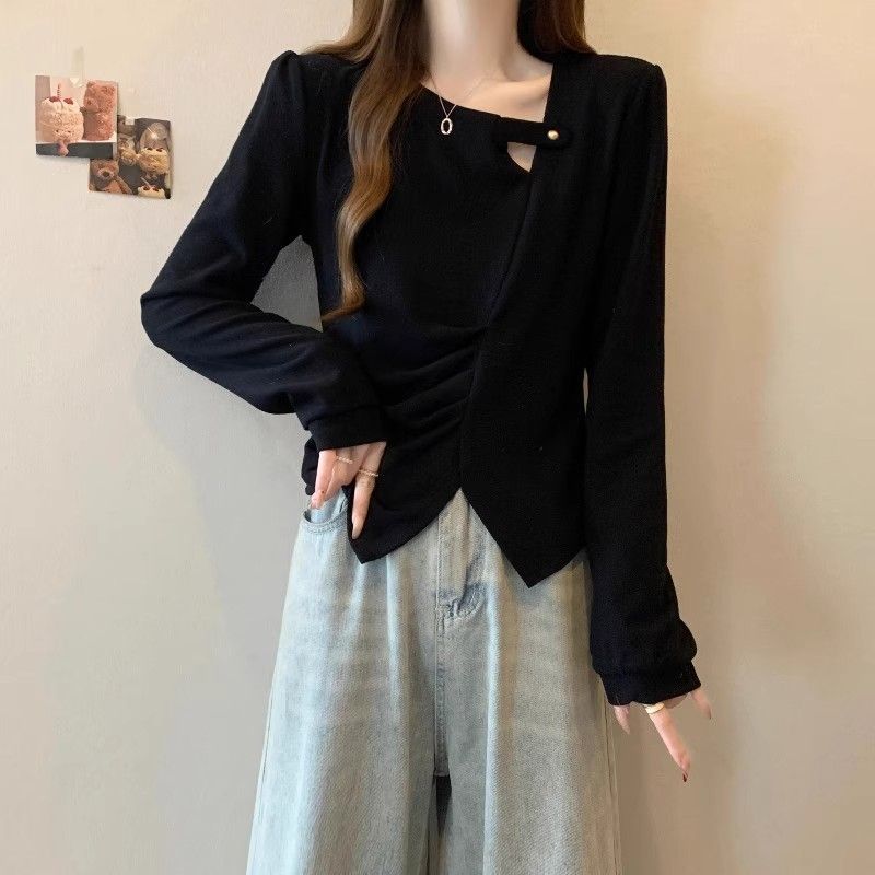 品牌大码女装长袖德绒上衣女春秋胖mm宽松遮腹显瘦不规则镂空褶皱