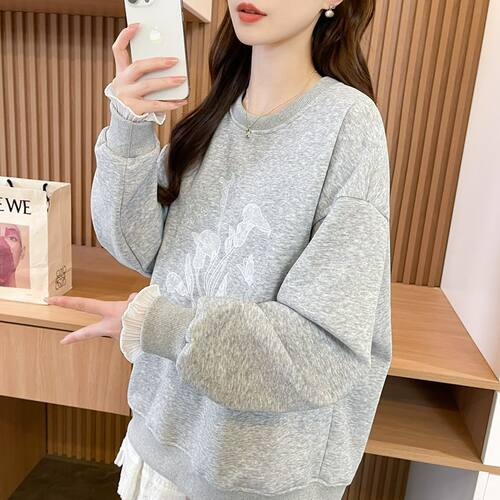 蕾丝刺绣设计感加绒加厚卫衣女秋冬韩版宽松百搭假两件洋气上衣潮