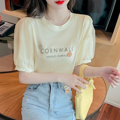 100%纯棉短袖t恤女装夏季2026年新款泡泡袖立体花朵蕾丝韩版上衣