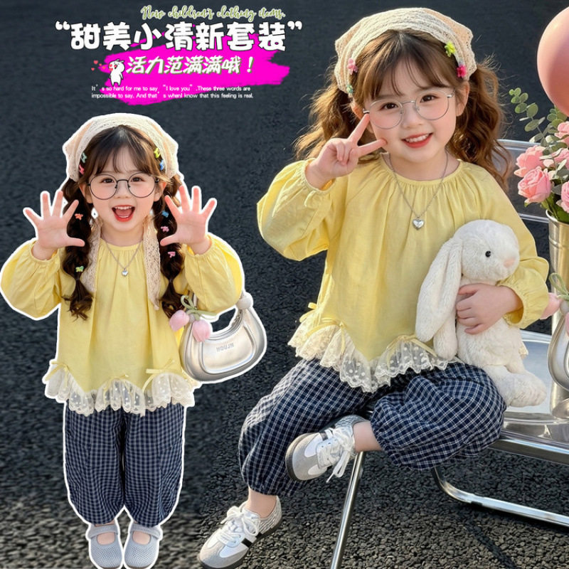 女童韩版套装2026新款儿童春季洋气长袖上衣格子裤小女孩春秋衣服