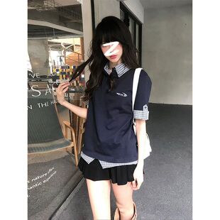 美式复古短袖polo衫女夏季miu系格纹拼接假两件t恤修身显瘦上衣潮