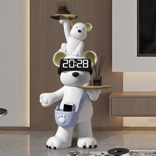 饰礼品 大型亲子北极熊落地带时钟家居摆件沙发旁电视柜托盘收纳装