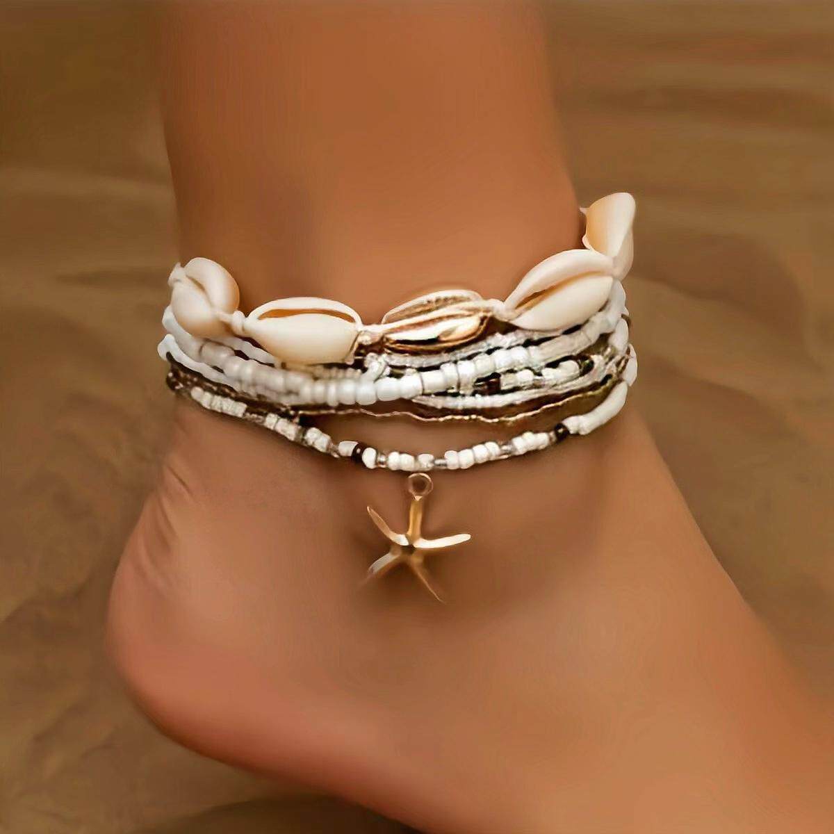 欧美时尚沙滩度假风贝壳海星米珠脚链春夏海洋风多层叠戴脚饰