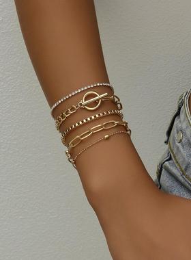 时尚手镯套装简约百搭OT扣多层钻链珠链叠戴5件套手链套装女