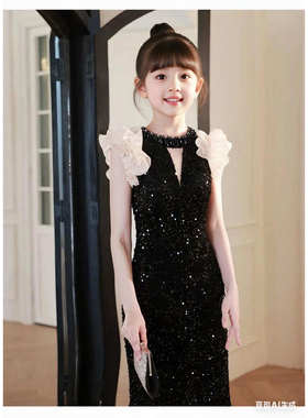 黑色女童晚礼服2025新款主持人儿童高端鱼尾气质亮片钢琴表演走秀