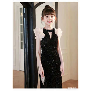 黑色女童晚礼服2025新款主持人儿童高端鱼尾气质亮片钢琴表演走秀