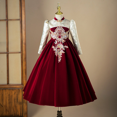 法式女童礼服冬季高级感轻奢小众气质高端红色丝绒长袖儿童公主裙