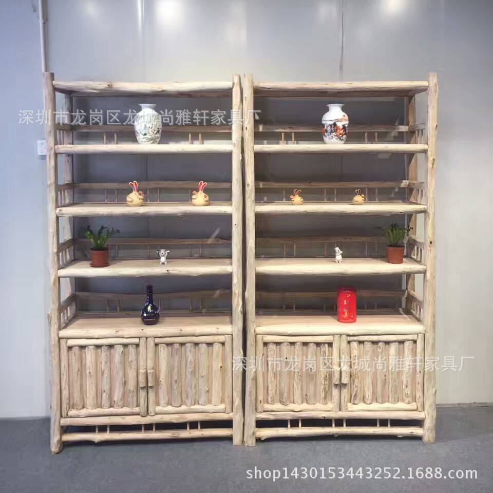 原木书柜组合实木简易落地书架墙壁置物架收纳博古架免漆做旧整装
