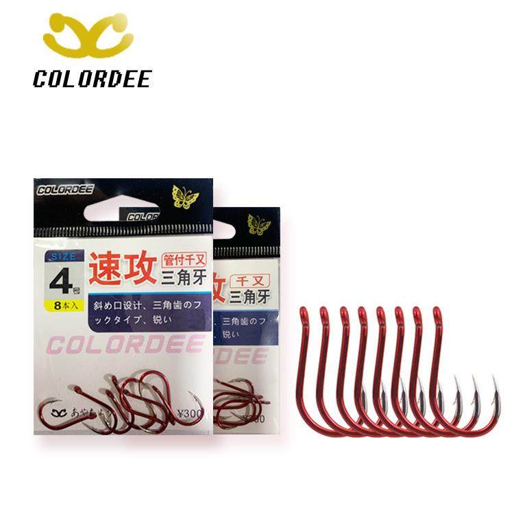 彩蝶速攻三角牙红色管付千又带圈有孔日本歪嘴鱼钩钢碳有倒刺钓钩