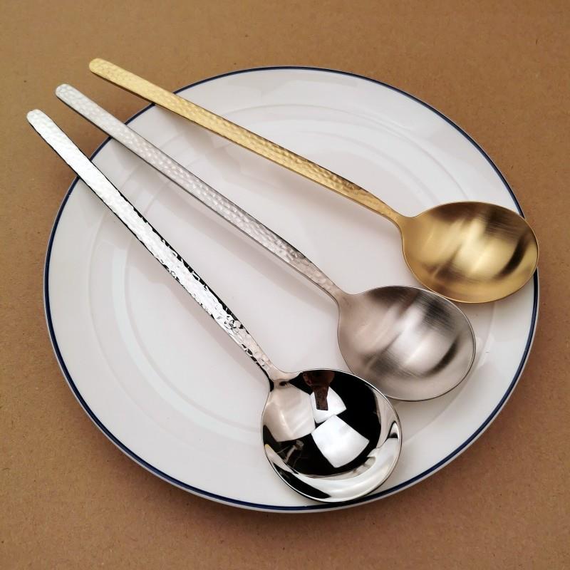 日式锤纹圆头勺304不锈钢吃饭勺喝汤勺拌饭勺调羹西餐勺长柄圆更