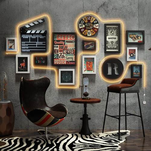 高分子0023工业风发光装饰画框LED灯带照片墙组合相框墙钟表复古