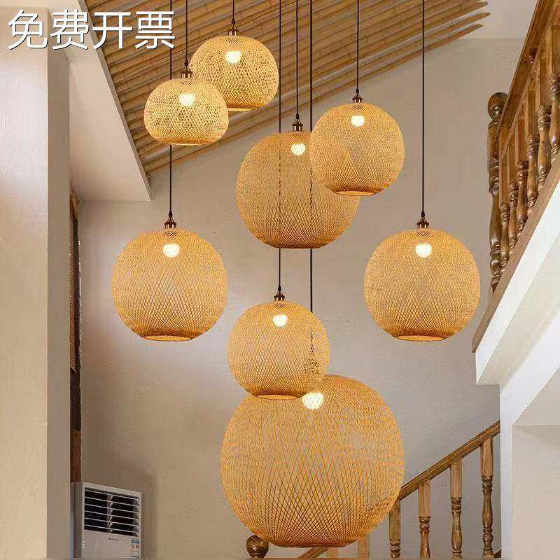 东南亚吊灯创意竹编灯茶室楼梯间圆球灯具新中式禅意民宿餐厅灯饰