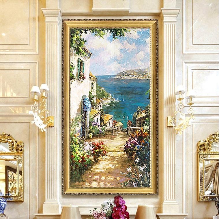 手绘油画地中海风景欧式客厅尽头挂画现代入门玄关走廊竖版装饰画