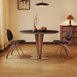 实木餐桌圆桌家用小户型洽谈v1米2圆形意式轻奢黑色中古风岩板餐