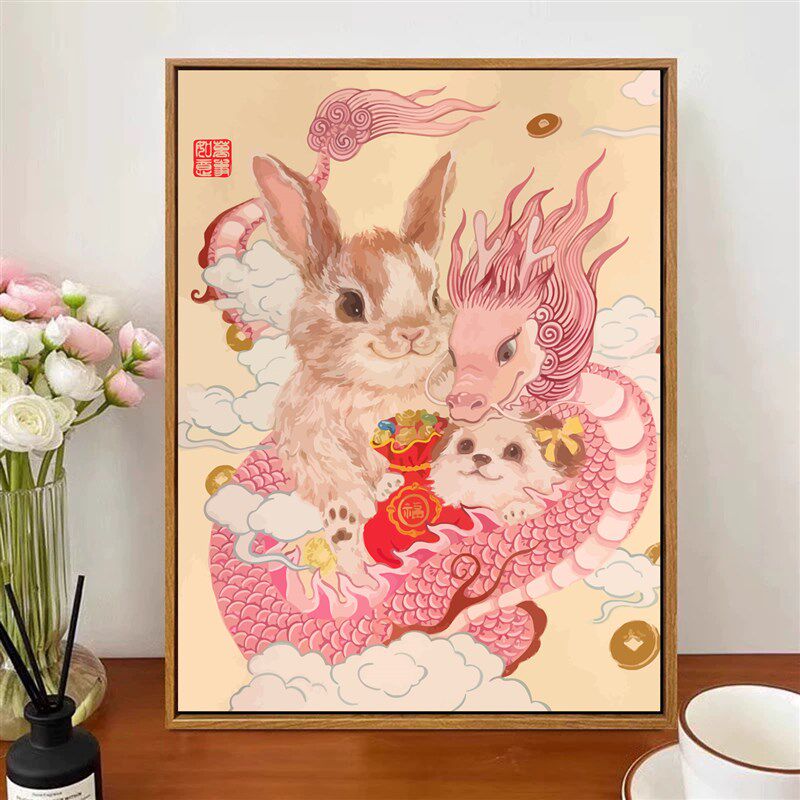 卡通生肖全家福diy数字油画手绘丙烯填充填色定制十Y二生肖装饰画