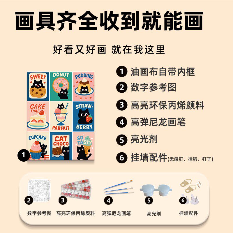 可爱猫咪数字油画diy填充填色手工绘卡通小黑猫R丙烯油彩画装饰画