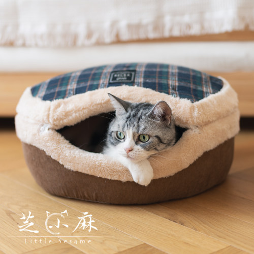 芝小麻经典格纹铜锣烧猫窝封闭B式猫屋猫咪两用窝垫冬天保暖猫房