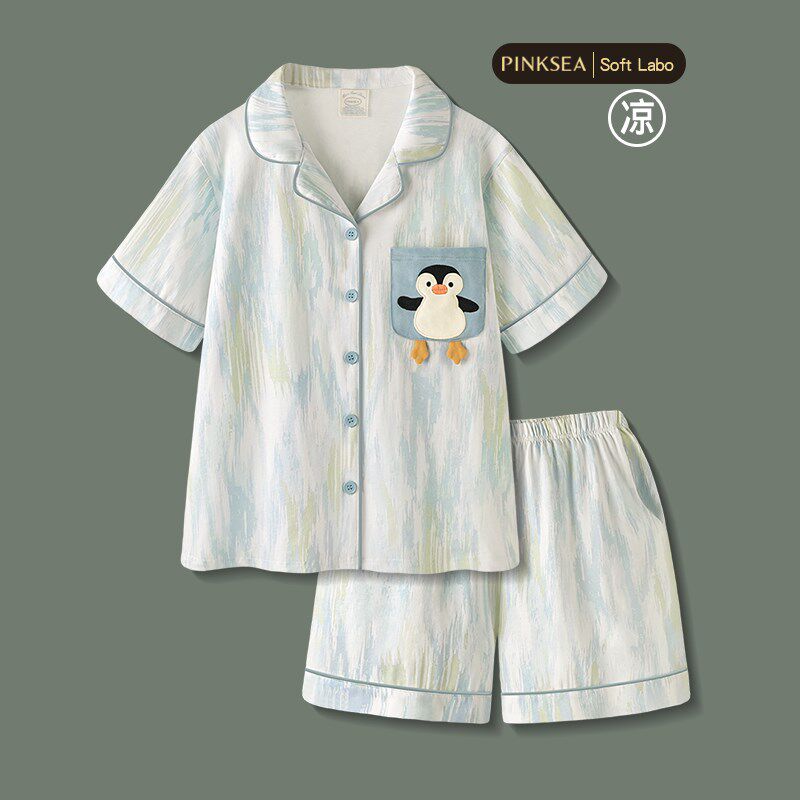 睡衣女款凉感纯棉短袖短裤夏季套装20I25新款可爱企鹅少女家居服