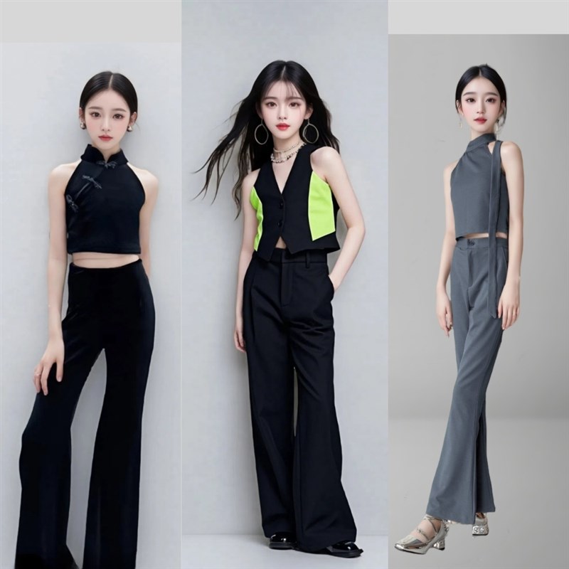 少儿童模特形体走秀n潮服女童酷潮服新中式T台服装黑色套装演出服
