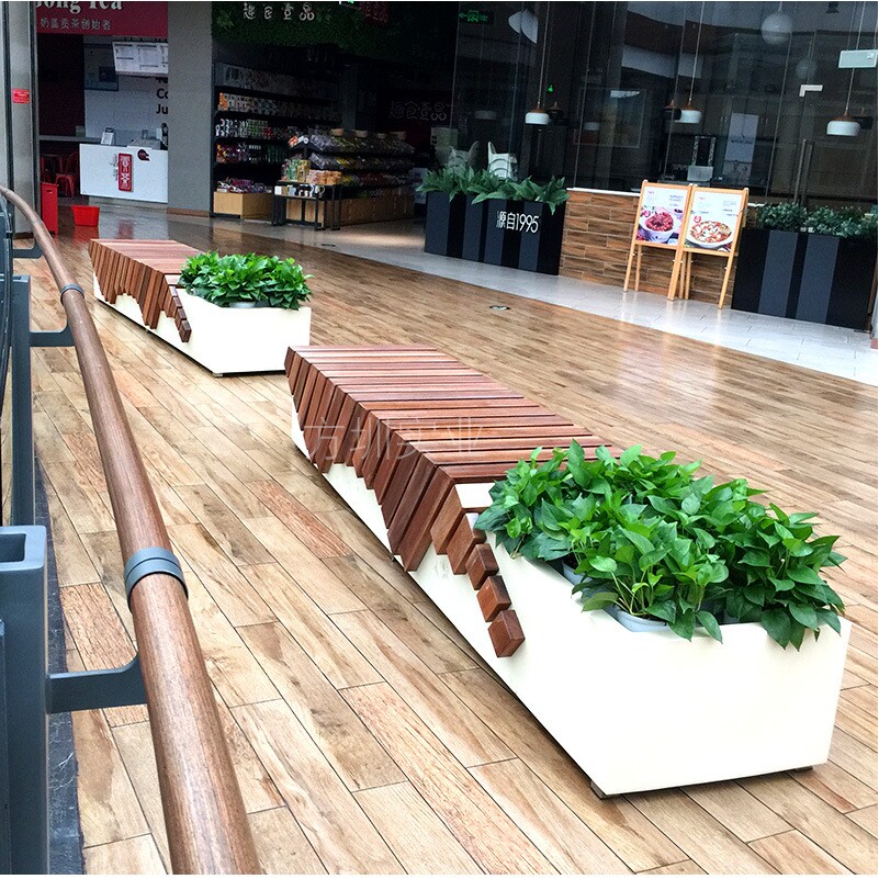 创意玻璃钢木纹休闲椅花盆组合酒店商场绿化美陈空间户外景观坐凳