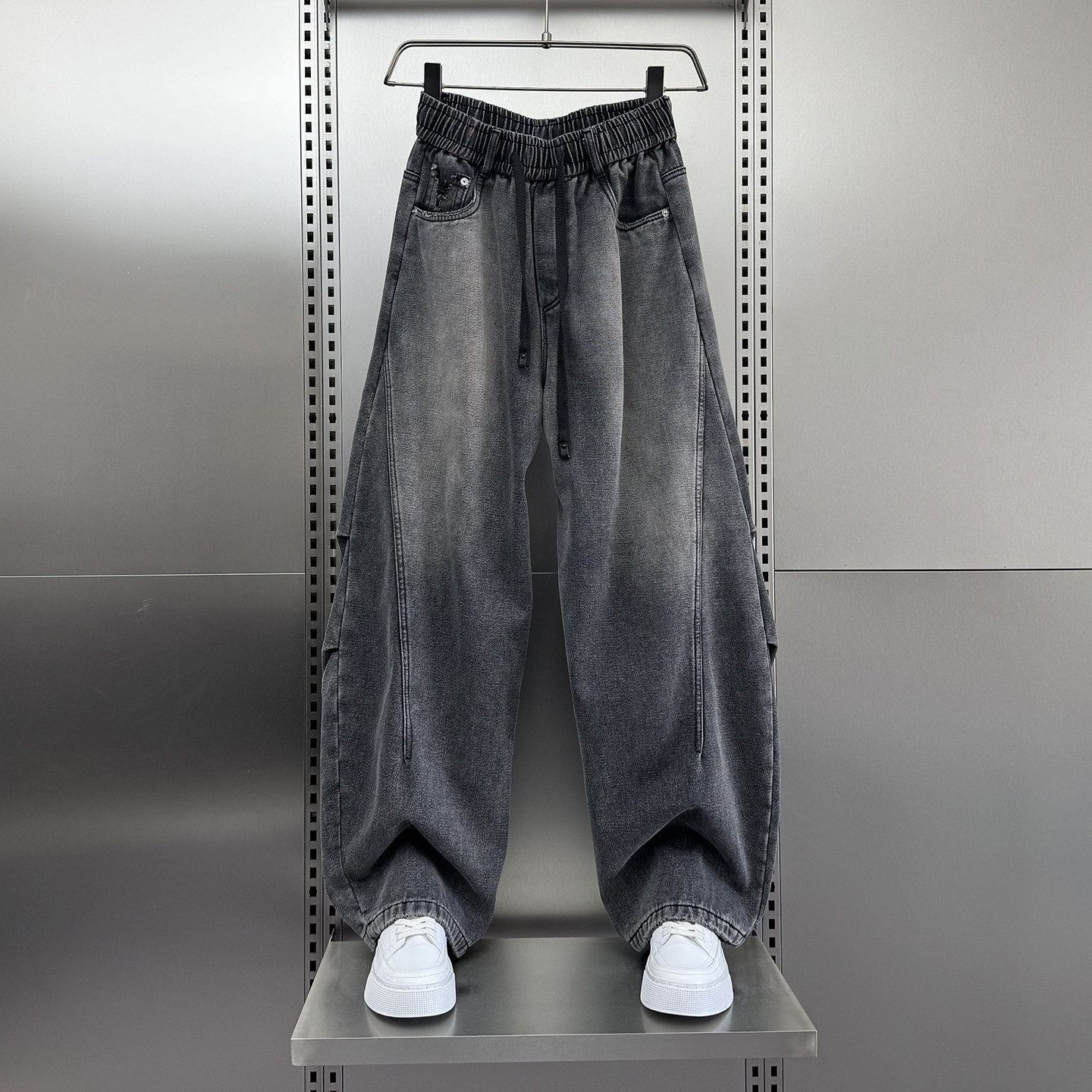 加绒美式阔腿磨破水洗牛仔裤男