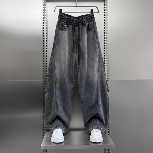 加绒美式阔腿磨破水洗牛仔裤男