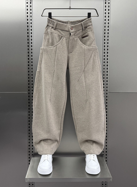 2025秋冬加绒灰色弯刀休闲裤男宽松直筒松紧腰加厚毛呢运动卫裤潮