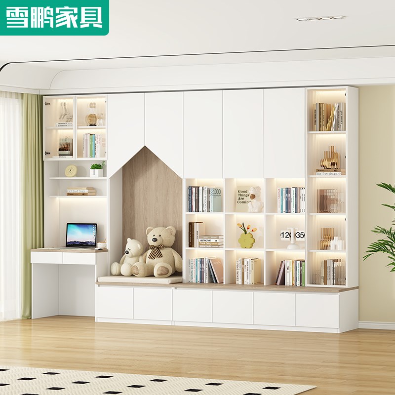 简约去客厅化书柜书桌一体满墙沙发卡座储物展示柜书架定制6F79