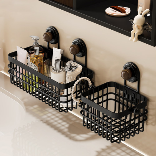 中古风吸盘置物篮浴室沥水悬挂式免打孔化妆品洗脸巾收纳筐厨房