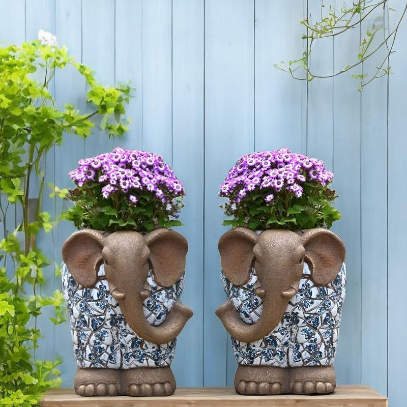 中式庭院青花大象花盆入户花园民宿顶楼阳台装饰布置户外动物摆件