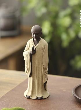 精品紫砂小和尚中式客厅家居摆件禅意陶瓷小沙弥茶桌鱼缸盆景装饰