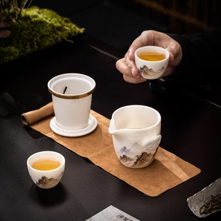 快客杯一壶二杯便携包户外 唐舍高端手绘山水羊脂玉瓷旅行茶具套装