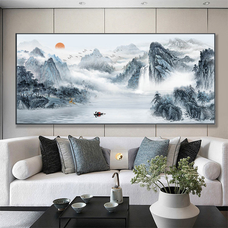 客厅山水画迎客松挂画办公室字画装饰画背景墙茶室壁画风景画国画