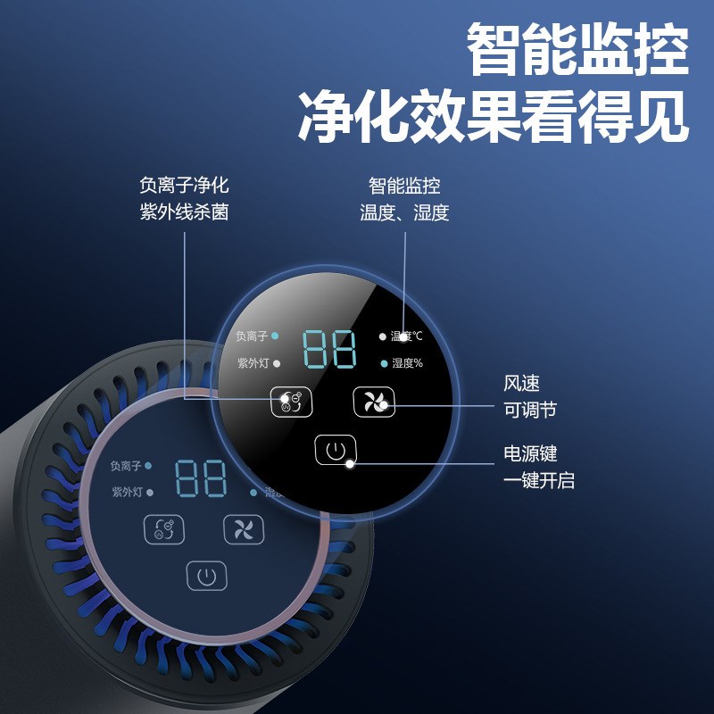 智能车载空气净化器家用桌面负氧离子室内除烟雾UV紫外杀菌