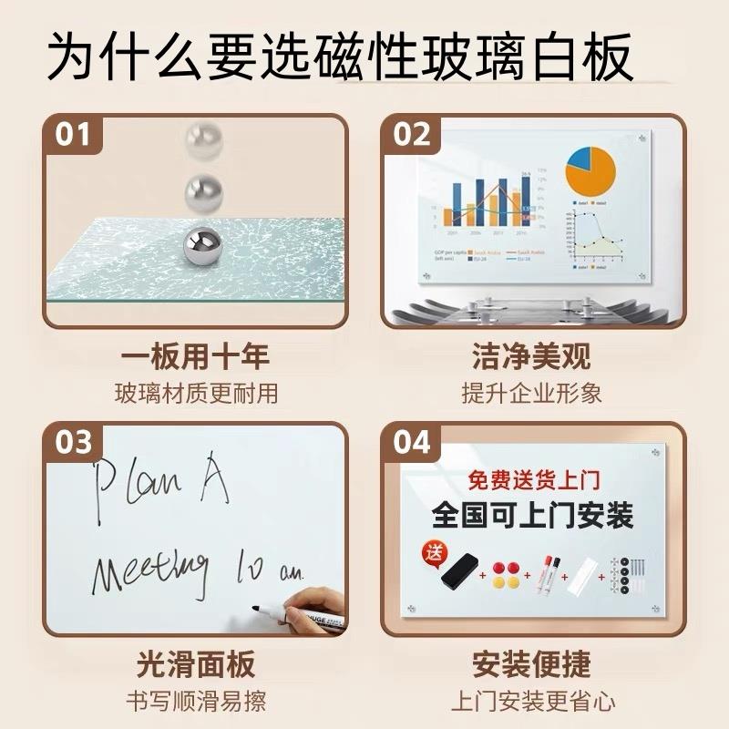 磁性钢化玻璃白板可定制尺寸办公会议室墙面白板培训教学儿童画板