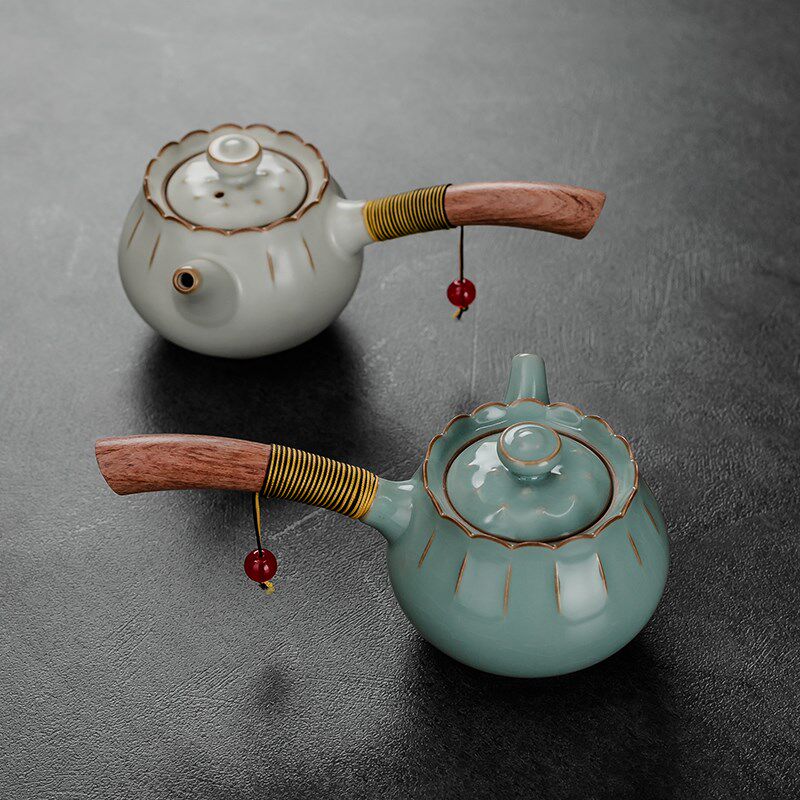 柏韵邱卫国汝窑禅莲侧把壶汝瓷开片可养陶瓷茶壶茶具泡茶器单壶