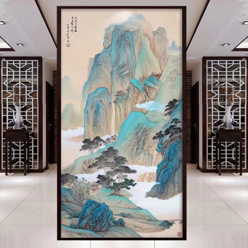 入户门玄关千里江山图山水画古风国画竖版新中式客厅装饰壁画壁纸
