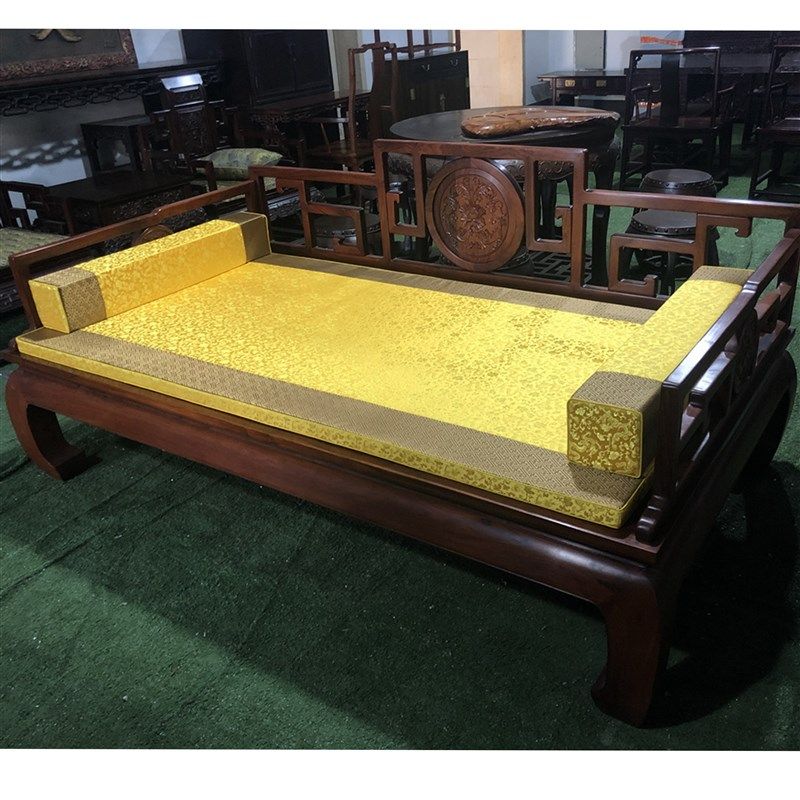 中式古典罗汉床垫含手枕适用红木沙发 墨绿云水纹绸缎面 椰棕海绵