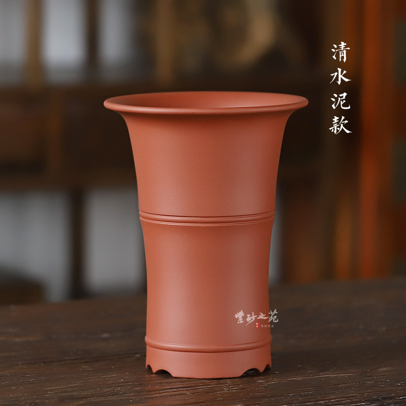 宜兴精品紫砂花盆飘口绿色竹节有孔透气春兰建兰寒兰花专用兰花盆