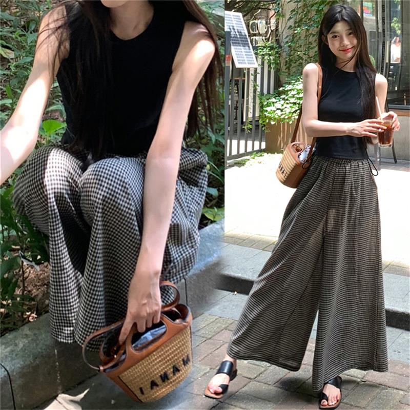 孕妇裤子春夏季外穿薄款大码阔腿裤裙孕期不勒肚子格子九分裤夏装