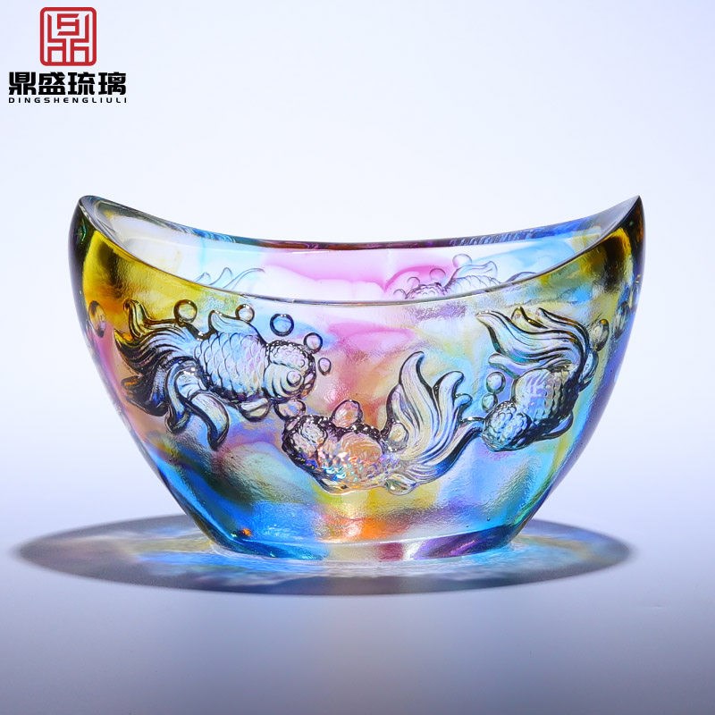 古法琉璃招财元宝鱼缸聚宝盆摆件客厅玄关桌面装饰水晶工艺品定制